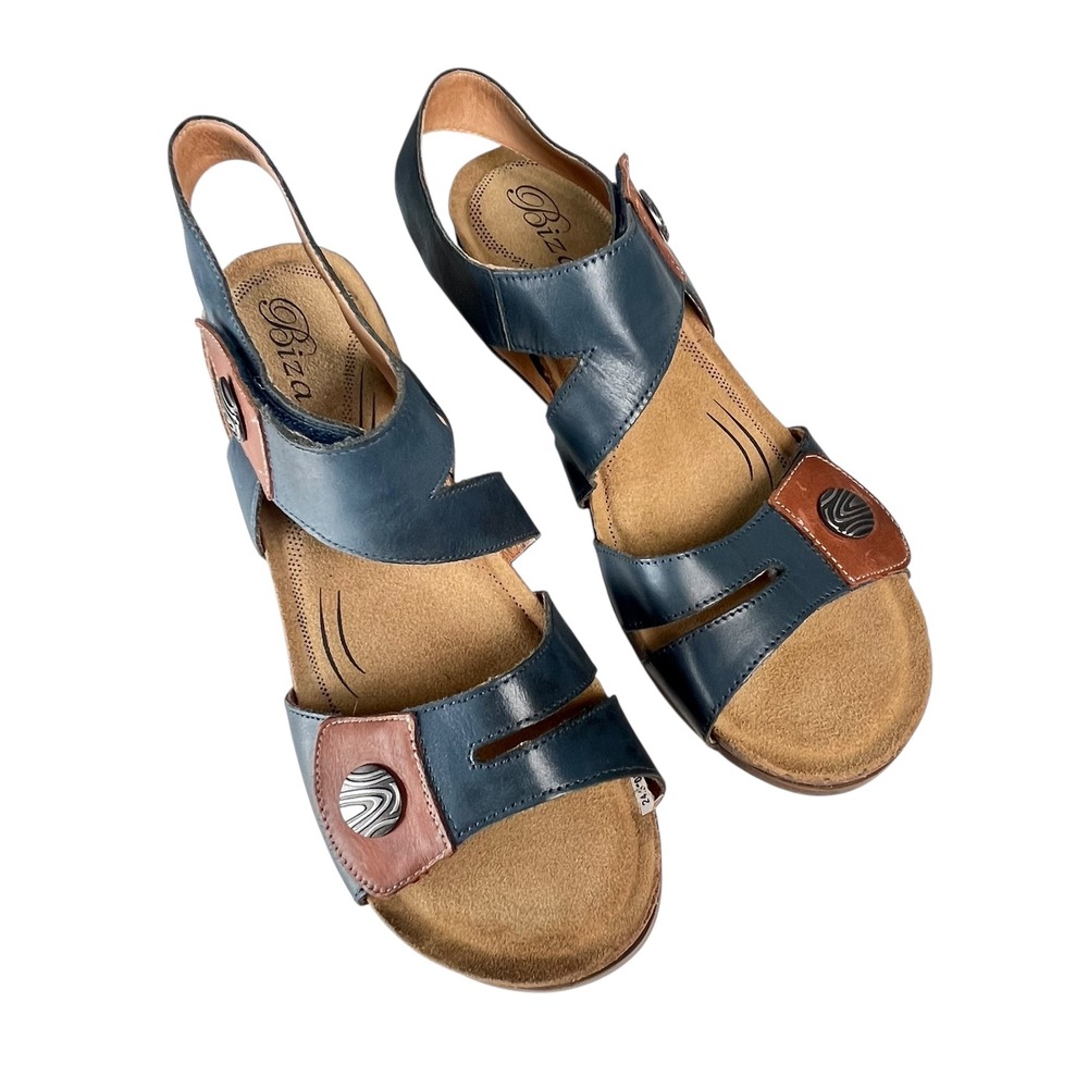 Biza Maddison Leather Comfort Sandals Blue Brown Slingback Size 42‎ / 11